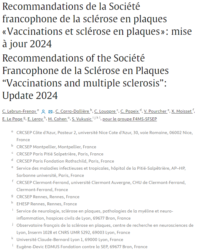 Recommandations vaccinales et SEP - Avril 2024